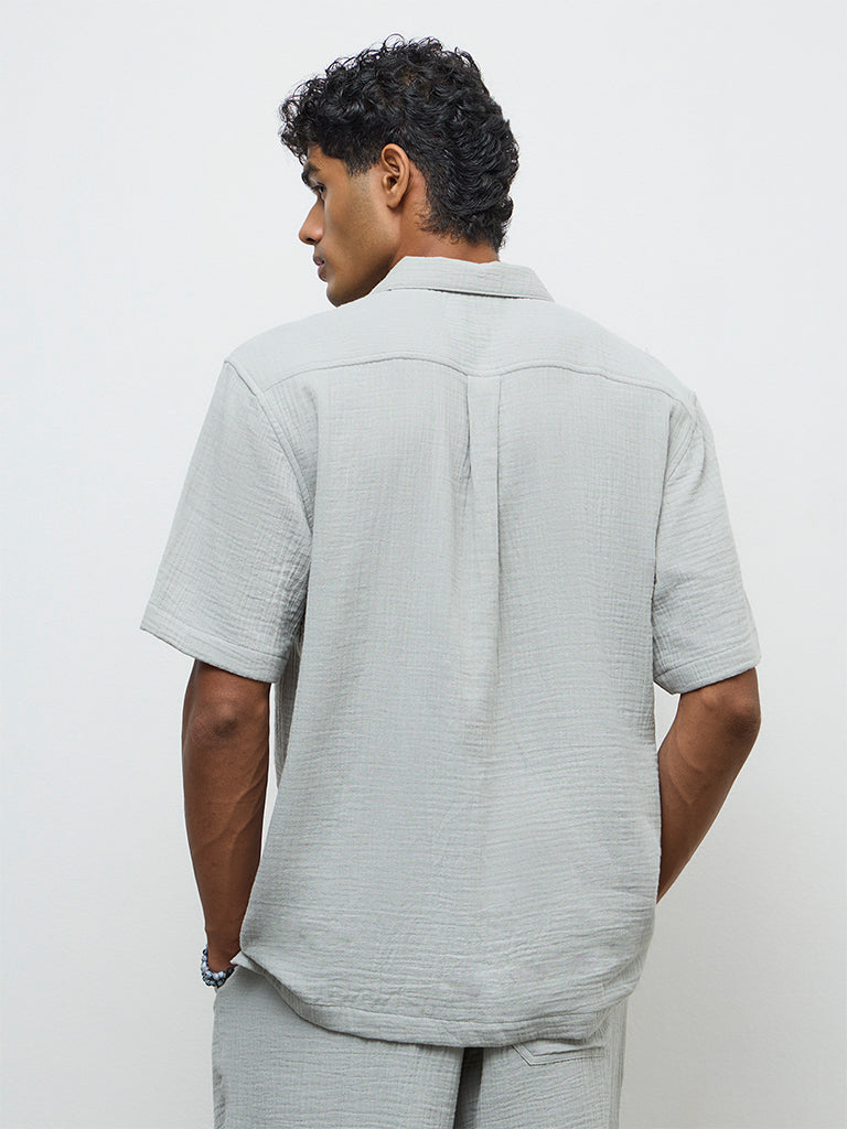 ETA Teal Crinkle-Textured Relaxed-Fit Cotton Shirt