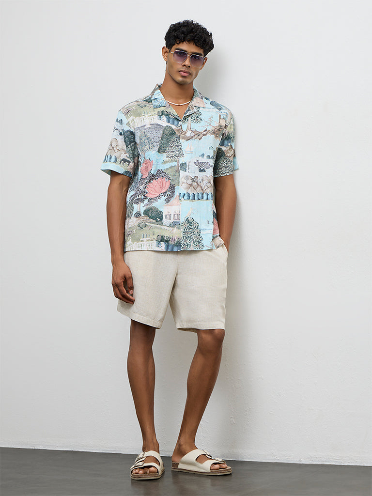 ETA Light Teal Scenic Printed Relaxed-Fit Cotton Shirt