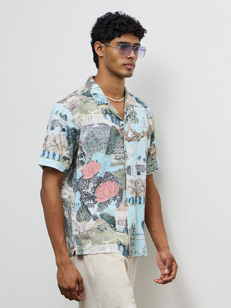ETA Light Teal Scenic Printed Relaxed-Fit Cotton Shirt