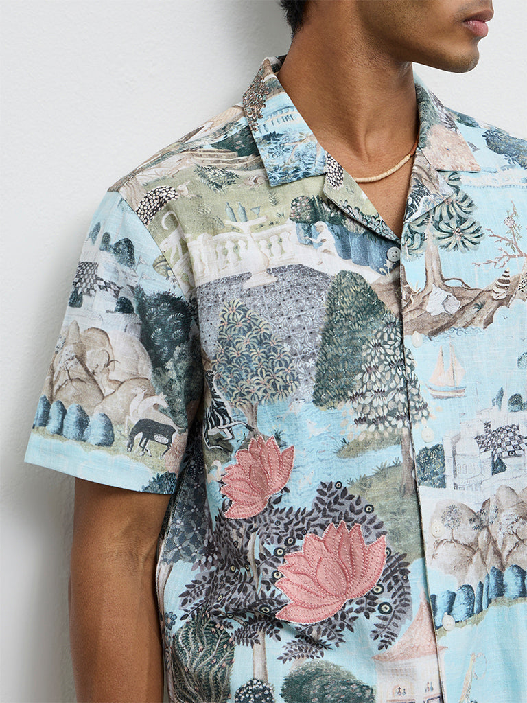 ETA Light Teal Scenic Printed Relaxed-Fit Cotton Shirt