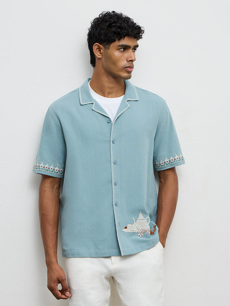 ETA Light Teal Embroidered Relaxed-Fit Cotton Shirt