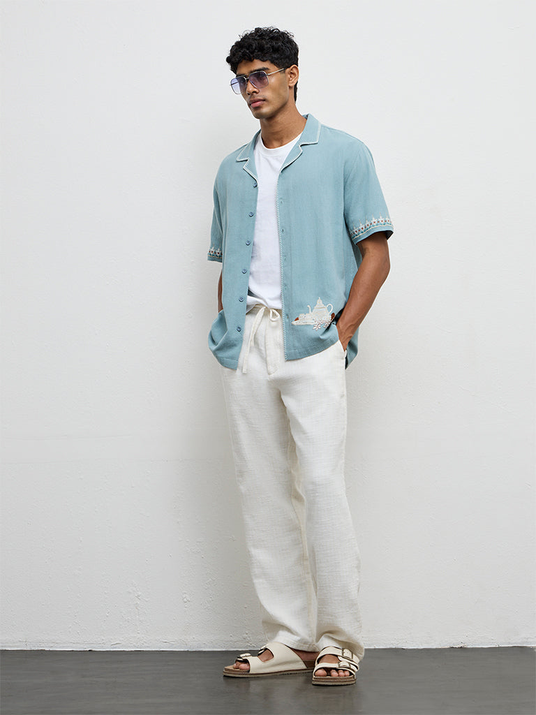 ETA Light Teal Embroidered Relaxed-Fit Cotton Shirt