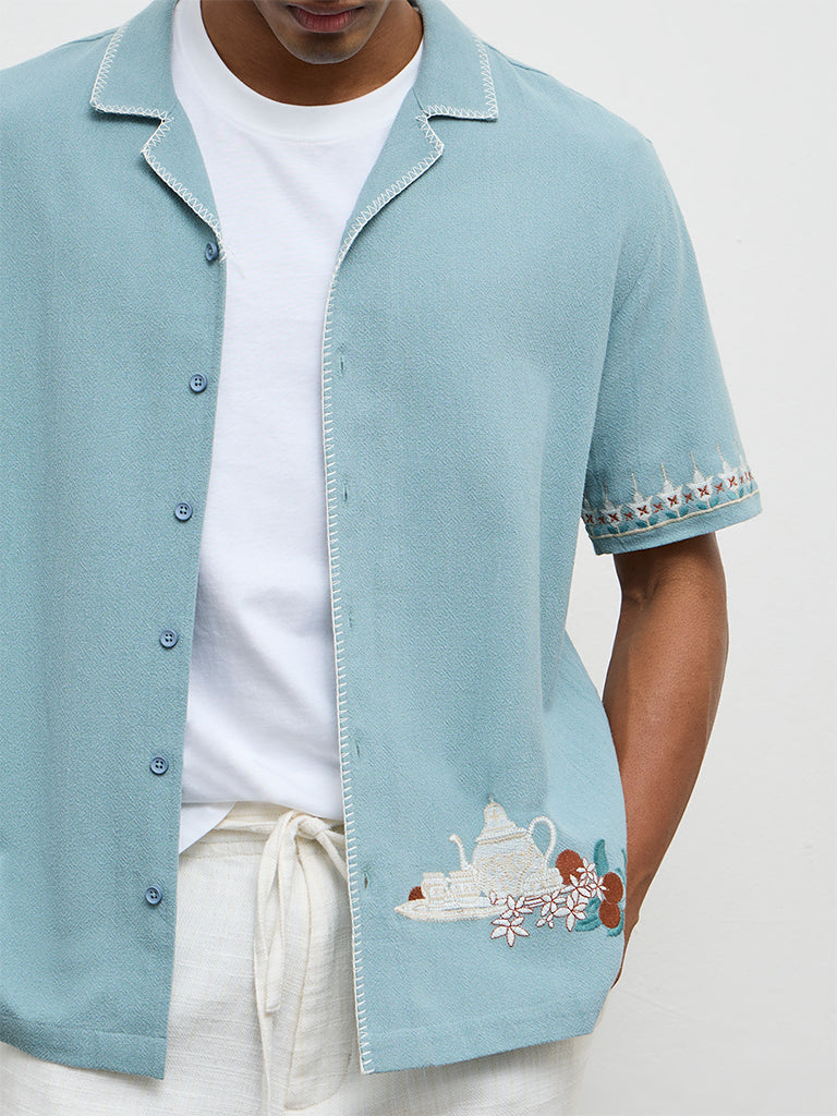 ETA Light Teal Embroidered Relaxed-Fit Cotton Shirt