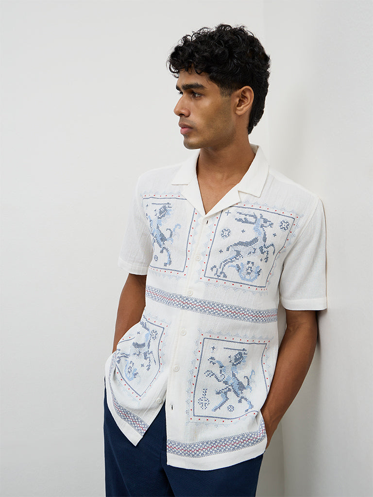 ETA White Embroidered Relaxed-Fit Cotton Shirt
