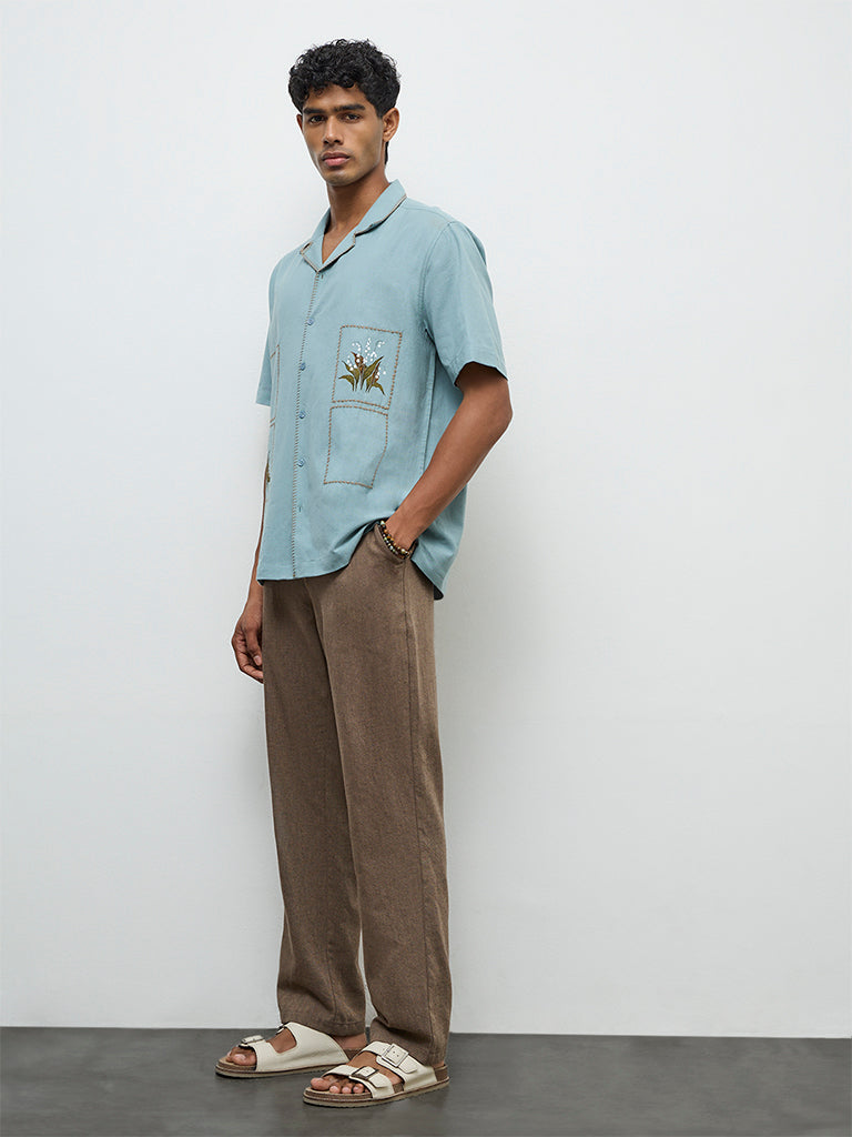 ETA Light Teal Botanical Printed Relaxed-Fit Cotton-Blend Shirt