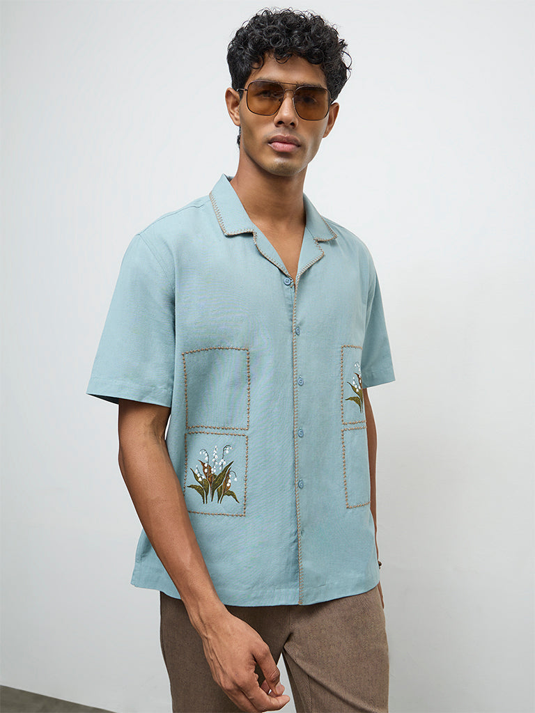 ETA Light Teal Botanical Printed Relaxed-Fit Cotton-Blend Shirt