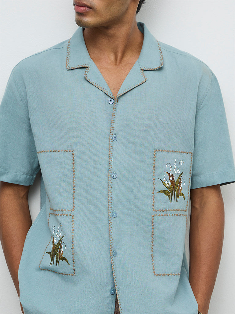 ETA Light Teal Botanical Printed Relaxed-Fit Cotton-Blend Shirt