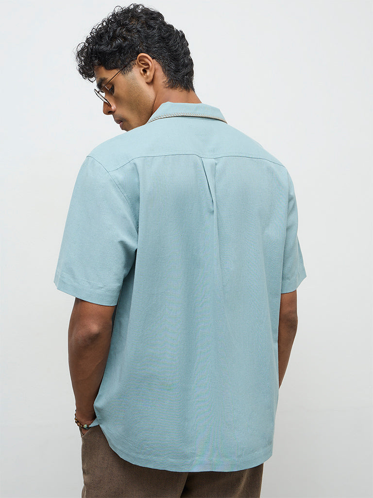 ETA Light Teal Botanical Printed Relaxed-Fit Cotton-Blend Shirt