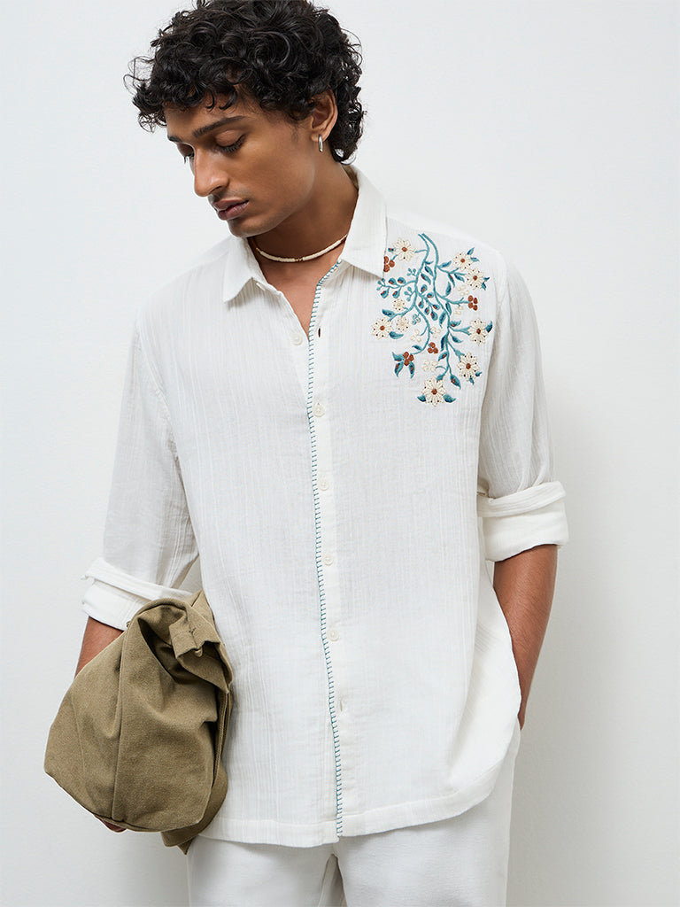 ETA Off-White Floral Embroidered Relaxed-Fit Cotton Shirt