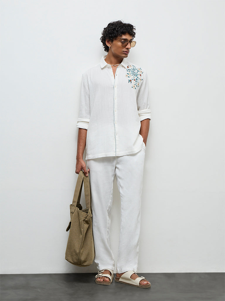 ETA Off-White Floral Embroidered Relaxed-Fit Cotton Shirt