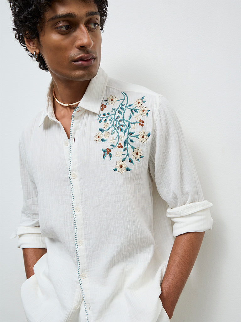 ETA Off-White Floral Embroidered Relaxed-Fit Cotton Shirt