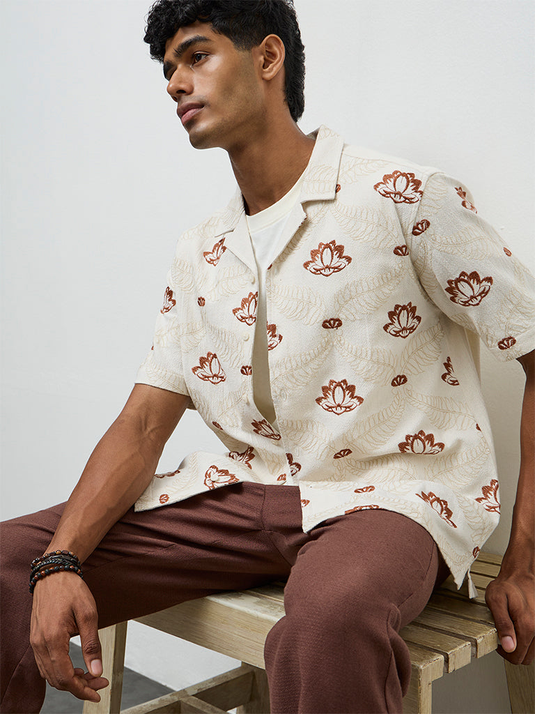 ETA Off-White Floral Embroidered Relaxed-Fit Cotton Shirt