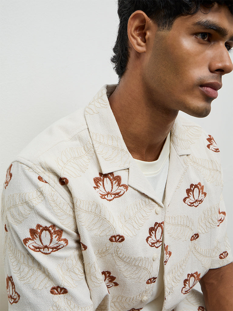 ETA Off-White Floral Embroidered Relaxed-Fit Cotton Shirt