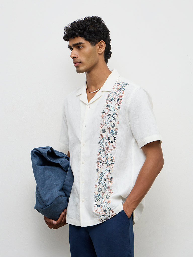 ETA White Floral-Embroidered Relaxed-Fit Cotton Shirt