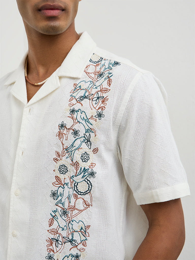ETA White Floral-Embroidered Relaxed-Fit Cotton Shirt