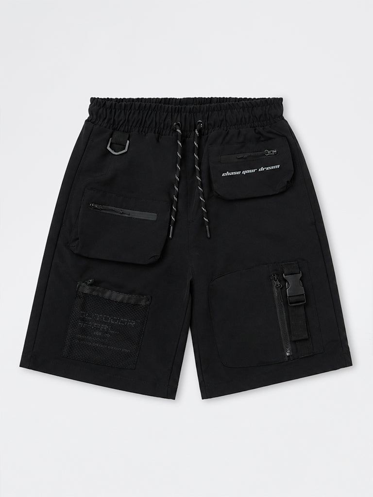 Boys Black Text-Detailed Mid-Rise Shorts