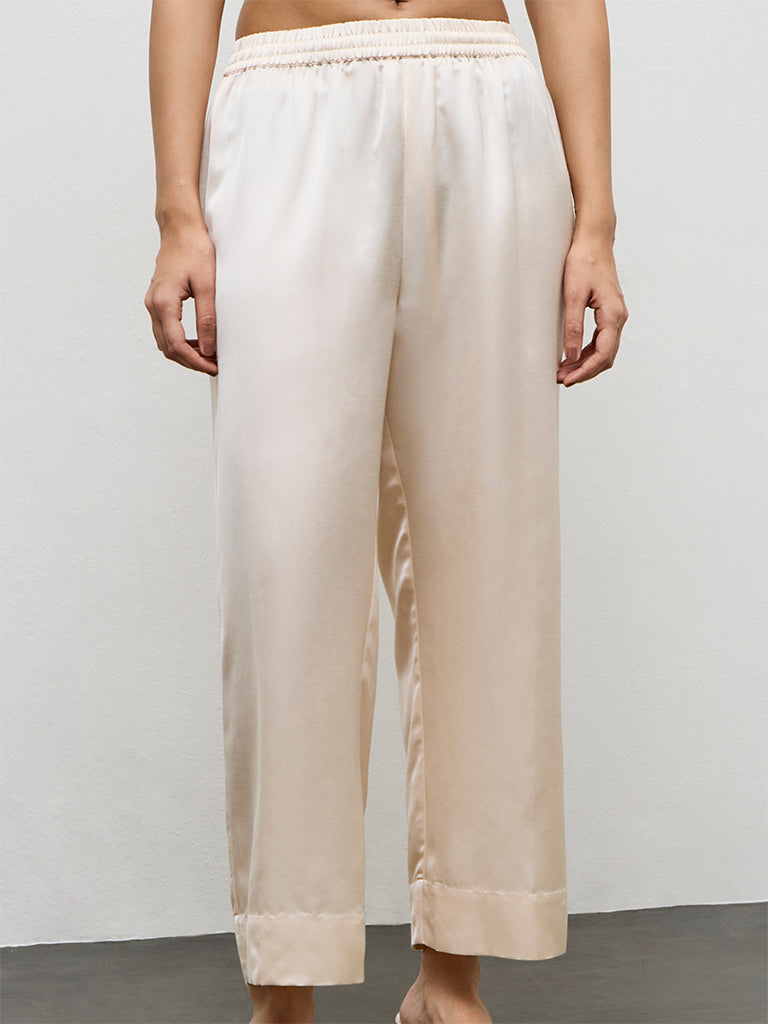 Zuba Light Beige Solid Linen Blend Pants