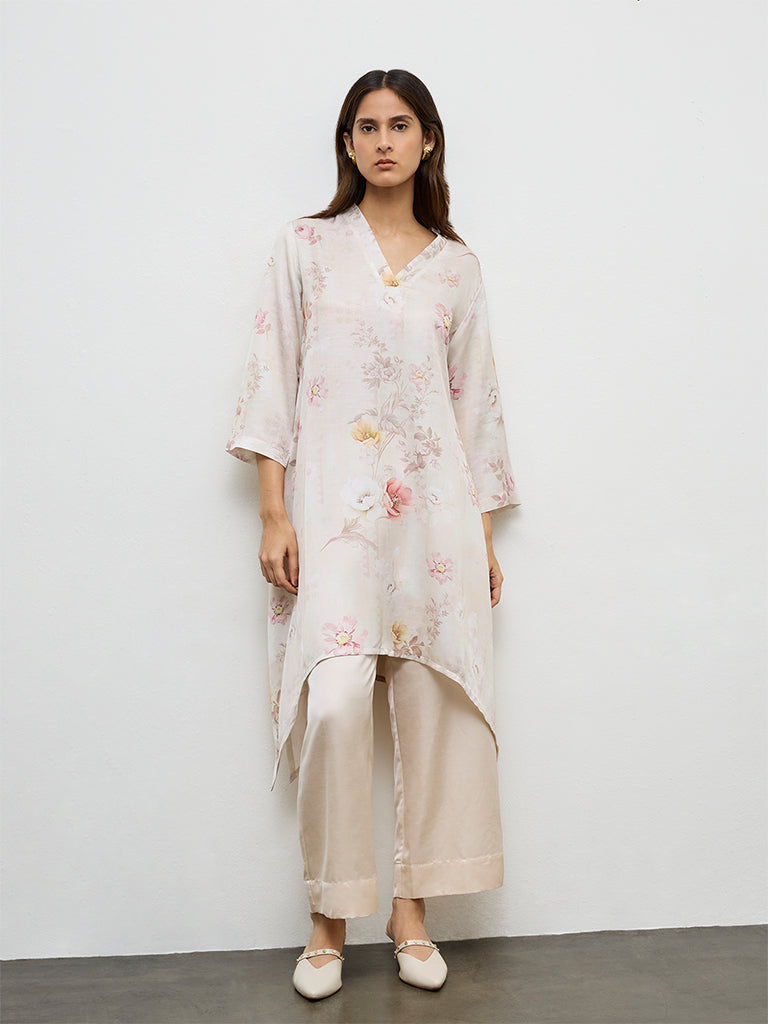 Zuba Light Beige Solid Linen Blend Pants