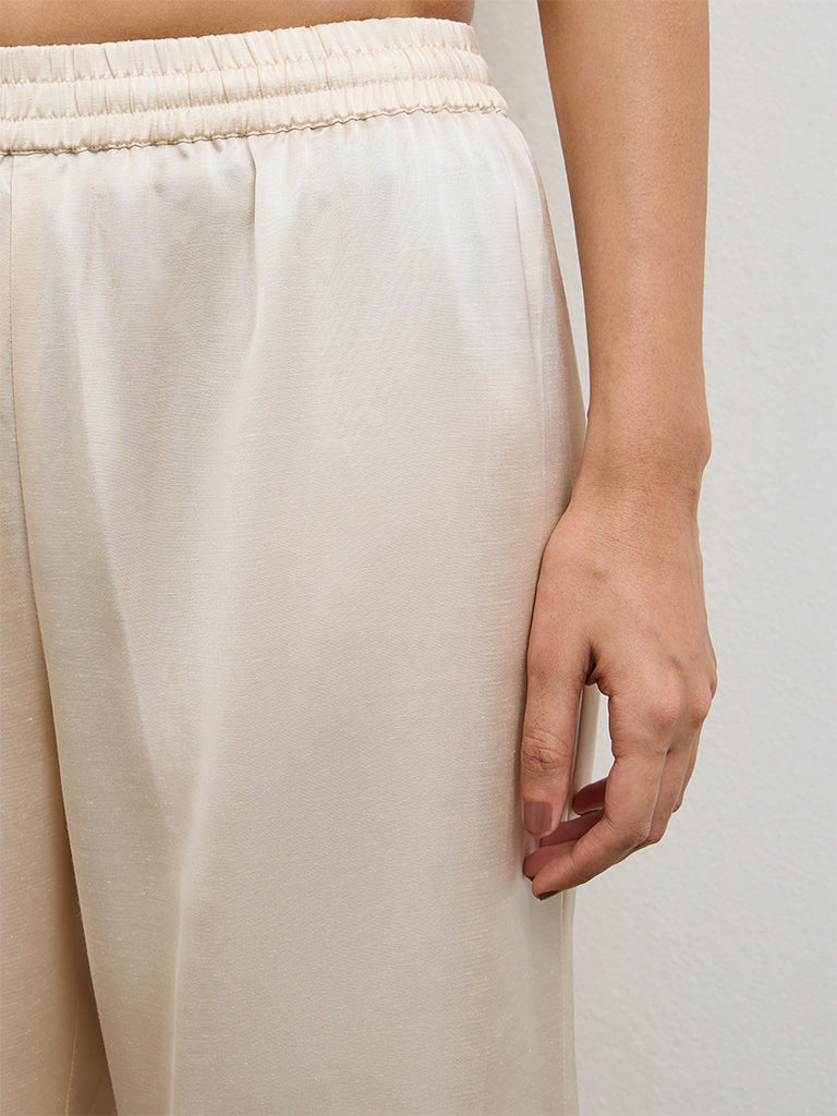 Zuba Light Beige Solid Linen Blend Pants