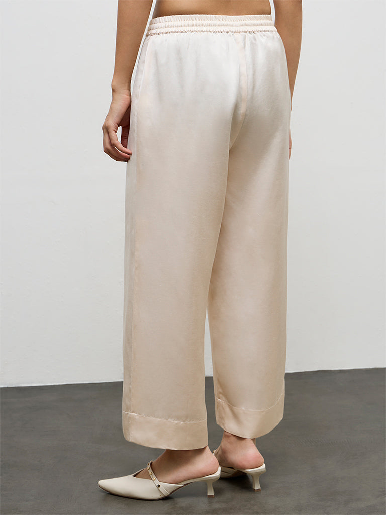 Zuba Light Beige Solid Linen Blend Pants