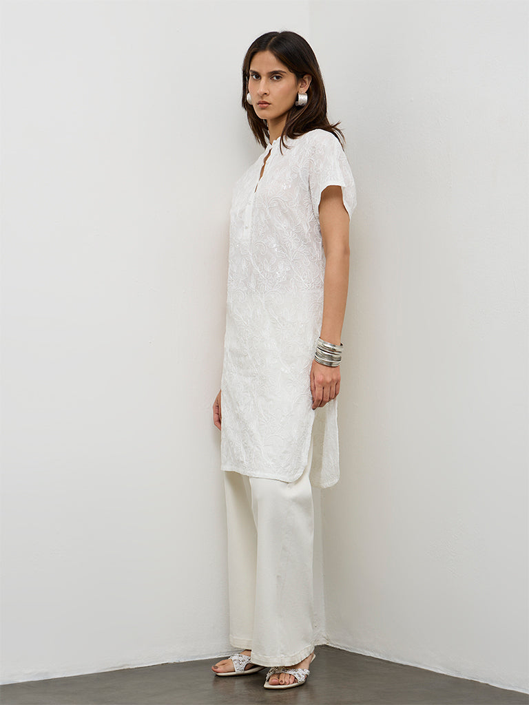 Zuba White Floral Embroidered Cotton-Blend A-Line Kurta