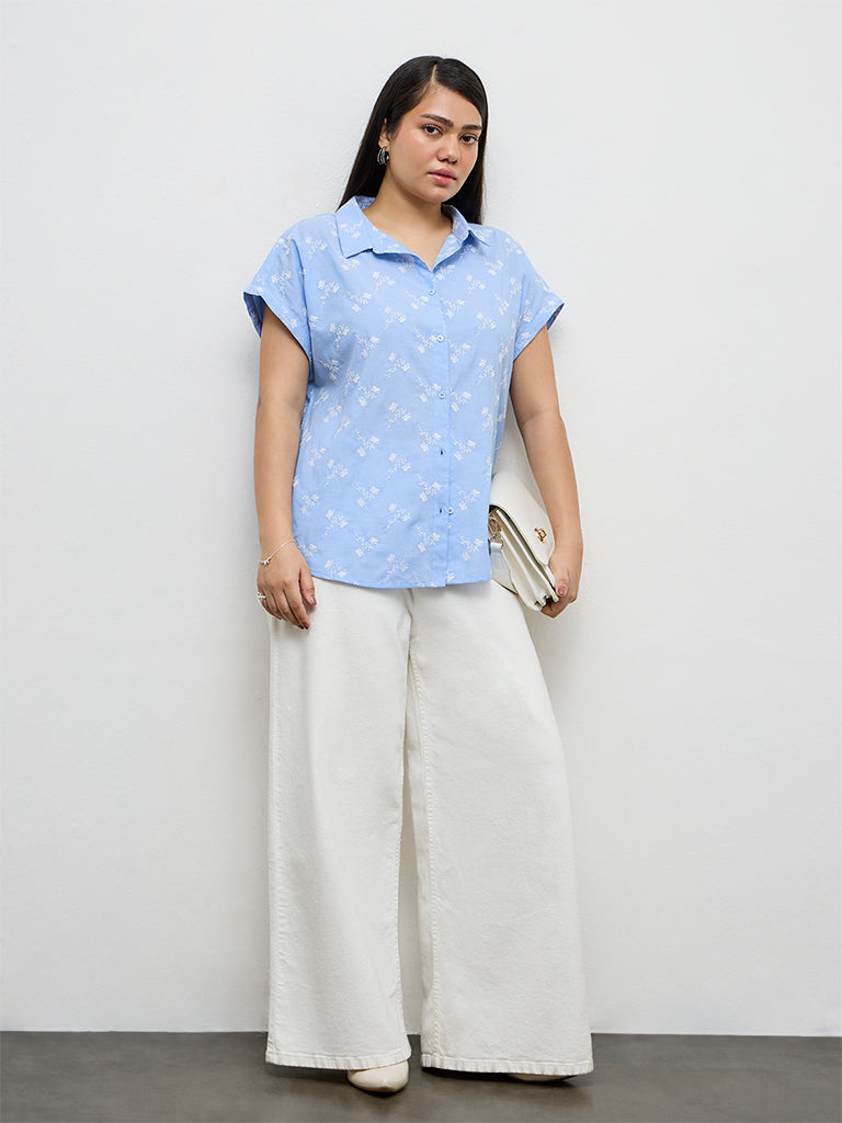 Gia Blue Floral Embroidered Cotton Shirt