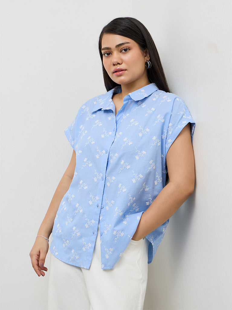 Gia Blue Floral Embroidered Cotton Shirt