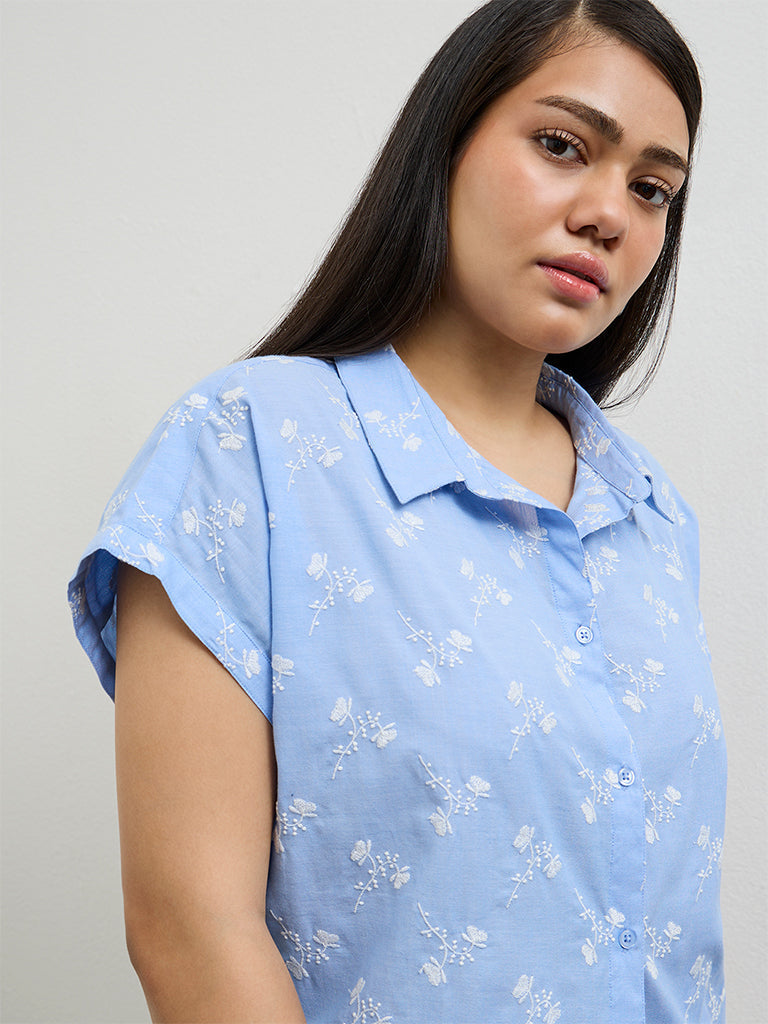 Gia Blue Floral Embroidered Cotton Shirt