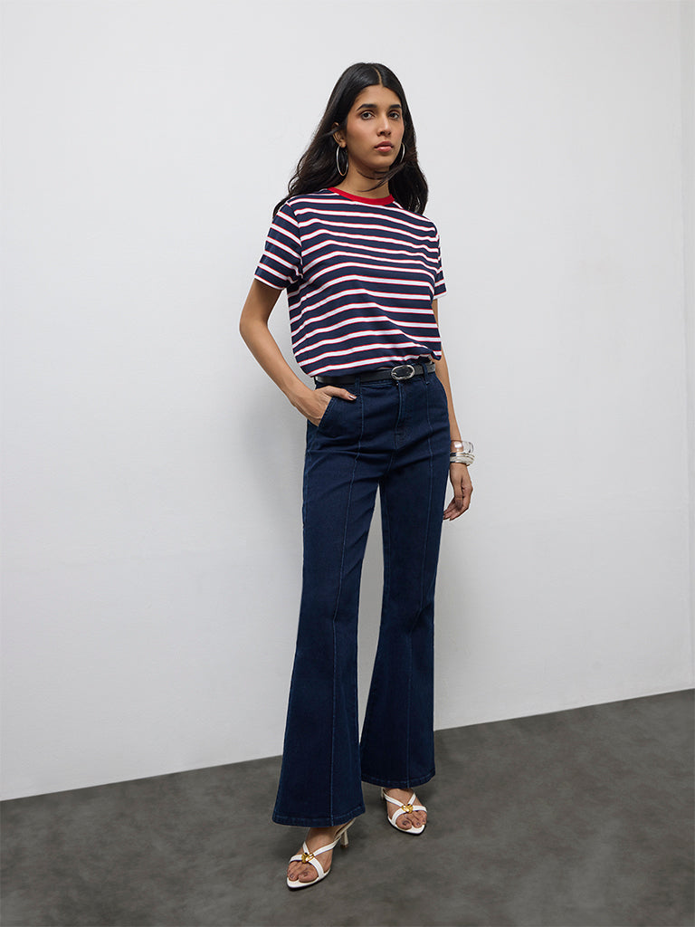 LOV Navy Striped Printed Cotton-Blend T-Shirt