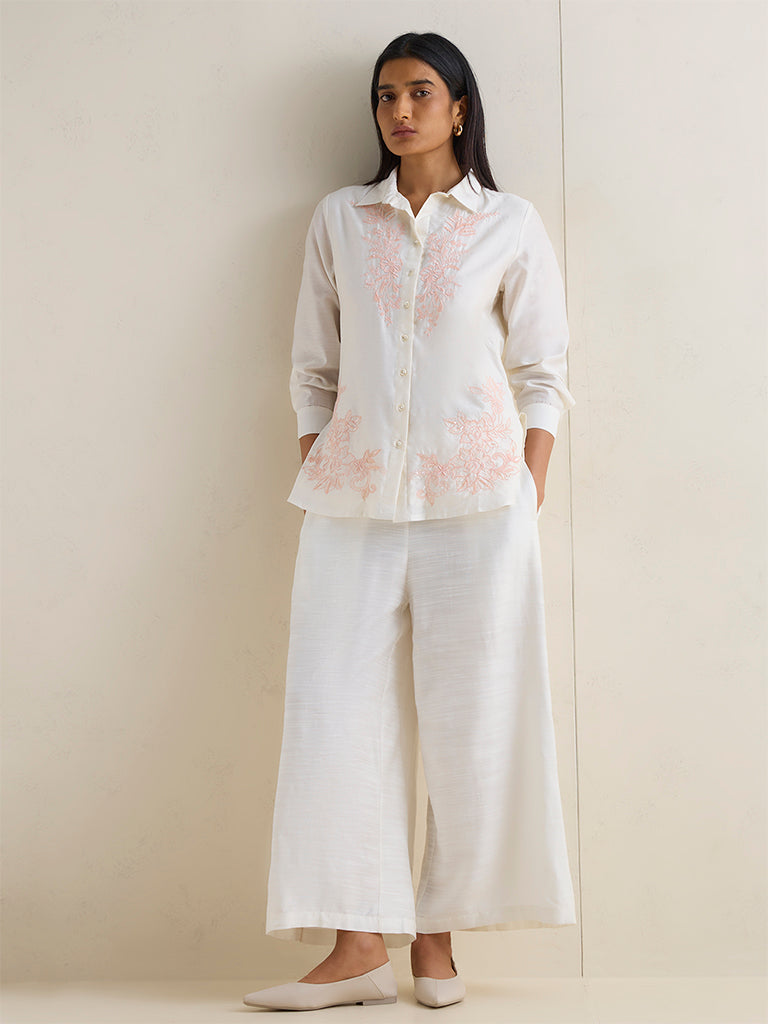 Zuba White Solid Cotton-Blend Palazzos