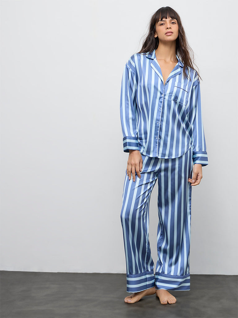 Wunderlove Blue Striped Shirt and Pyjamas Set