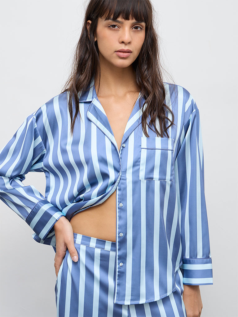 Wunderlove Blue Striped Shirt and Pyjamas Set
