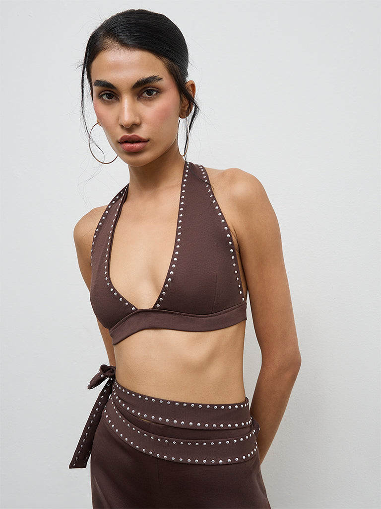 Nuon Brown Stud-Detailed Bralette Top