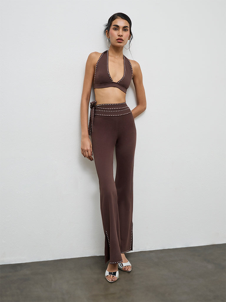 Nuon Brown Stud-Detailed Bralette Top