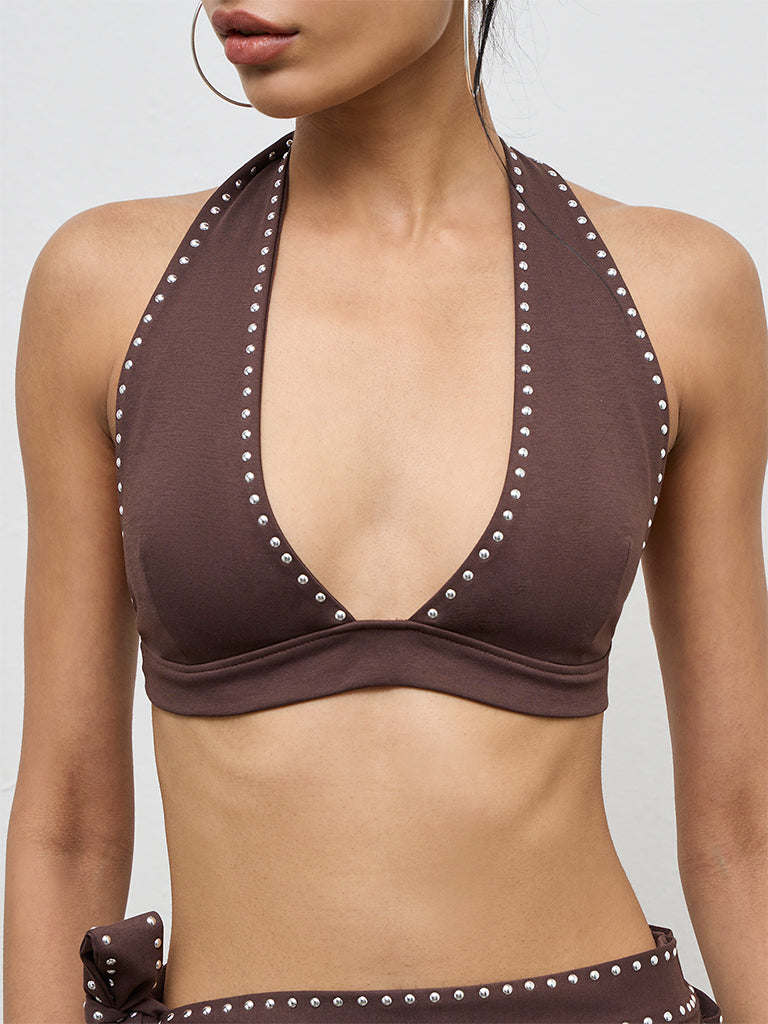Nuon Brown Stud-Detailed Bralette Top