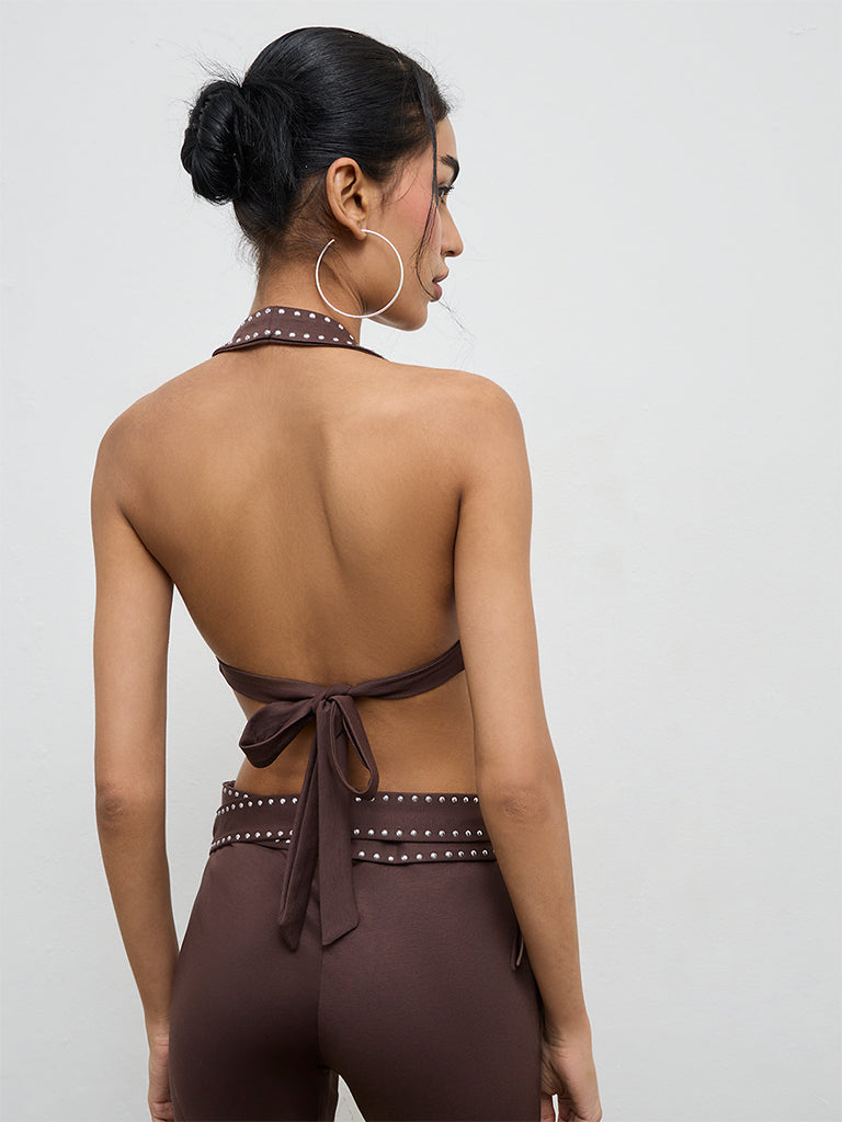 Nuon Brown Stud-Detailed Bralette Top