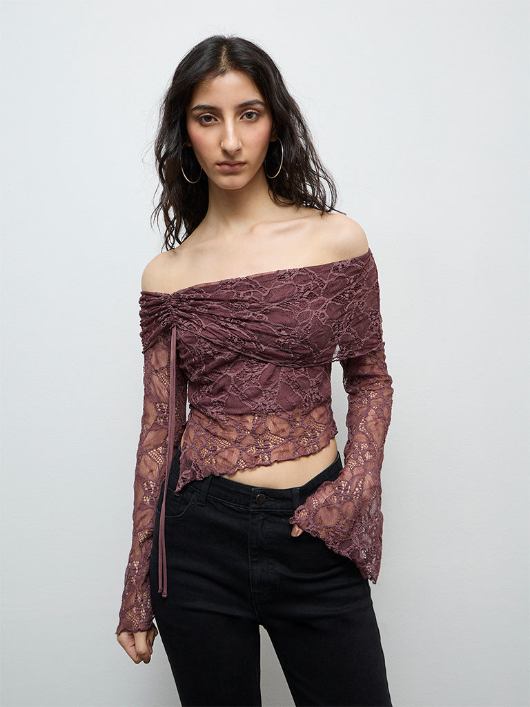 Nuon Dark Brown Laced Off-Shoulder Top