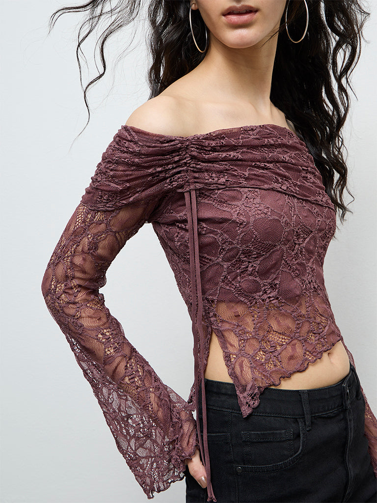 Nuon Dark Brown Laced Off-Shoulder Top