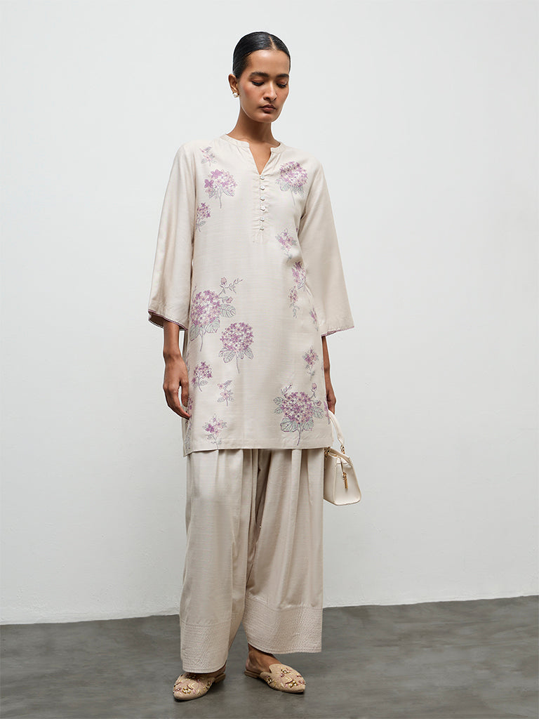 Zuba Beige Solid Cotton-Blend Pants