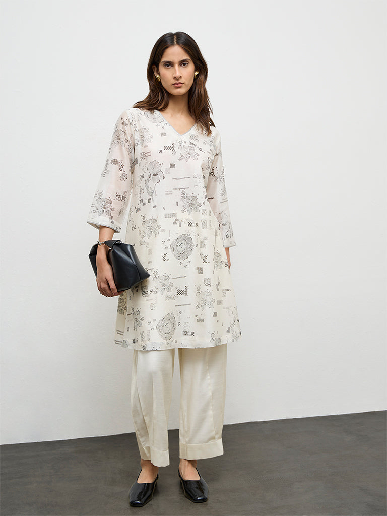 Zuba Ivory Printed Cotton-Blend A-Line Kurta