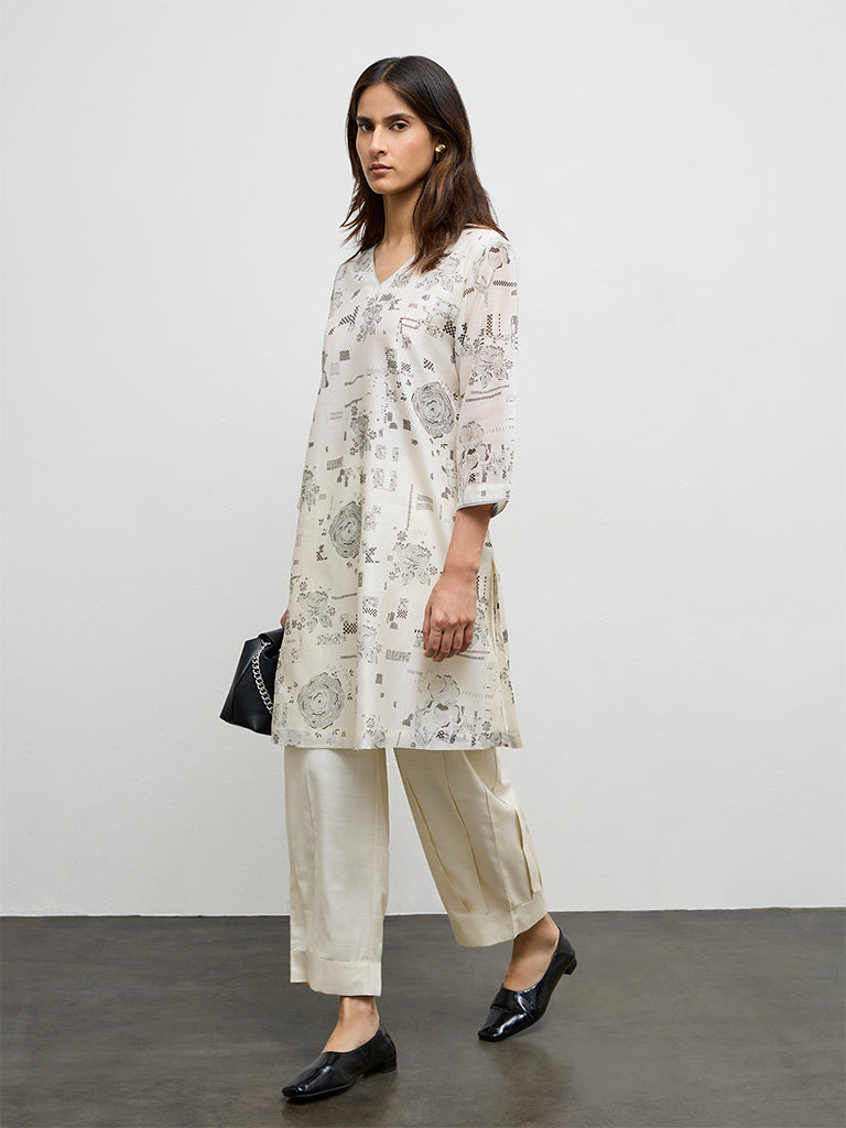 Zuba Ivory Printed Cotton-Blend A-Line Kurta