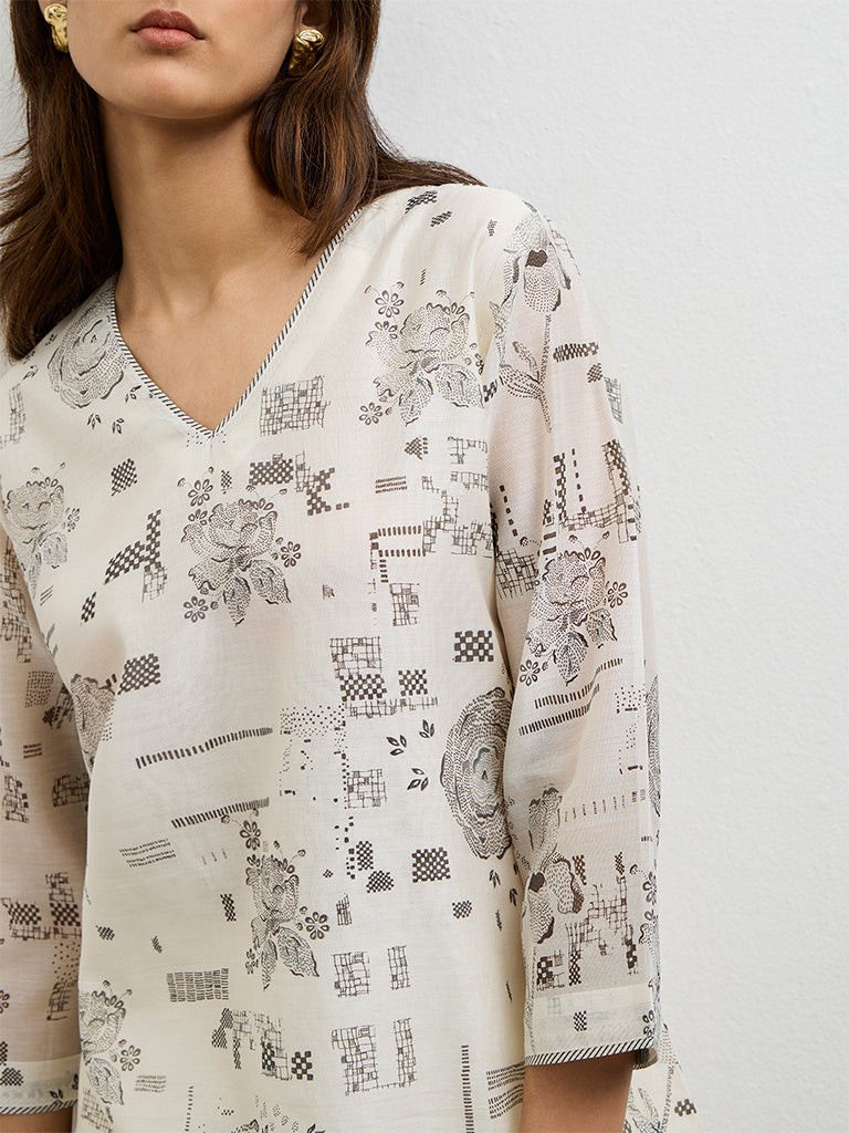 Zuba Ivory Printed Cotton-Blend A-Line Kurta