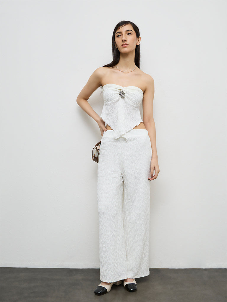 Nuon Off-White Crinkle-Textured Off-Shoulder Top