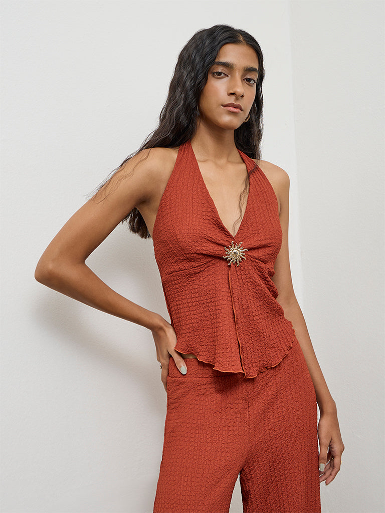 Nuon Rust Textured Halter-Neck Top