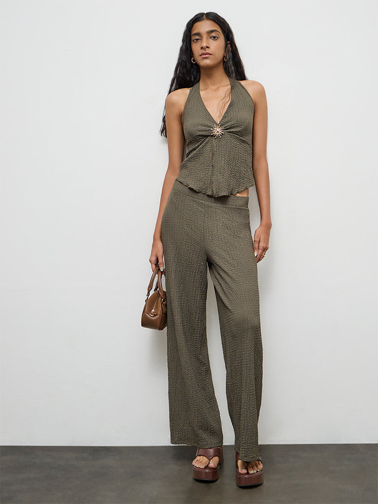 Nuon Olive Textured Halter-Neck Top