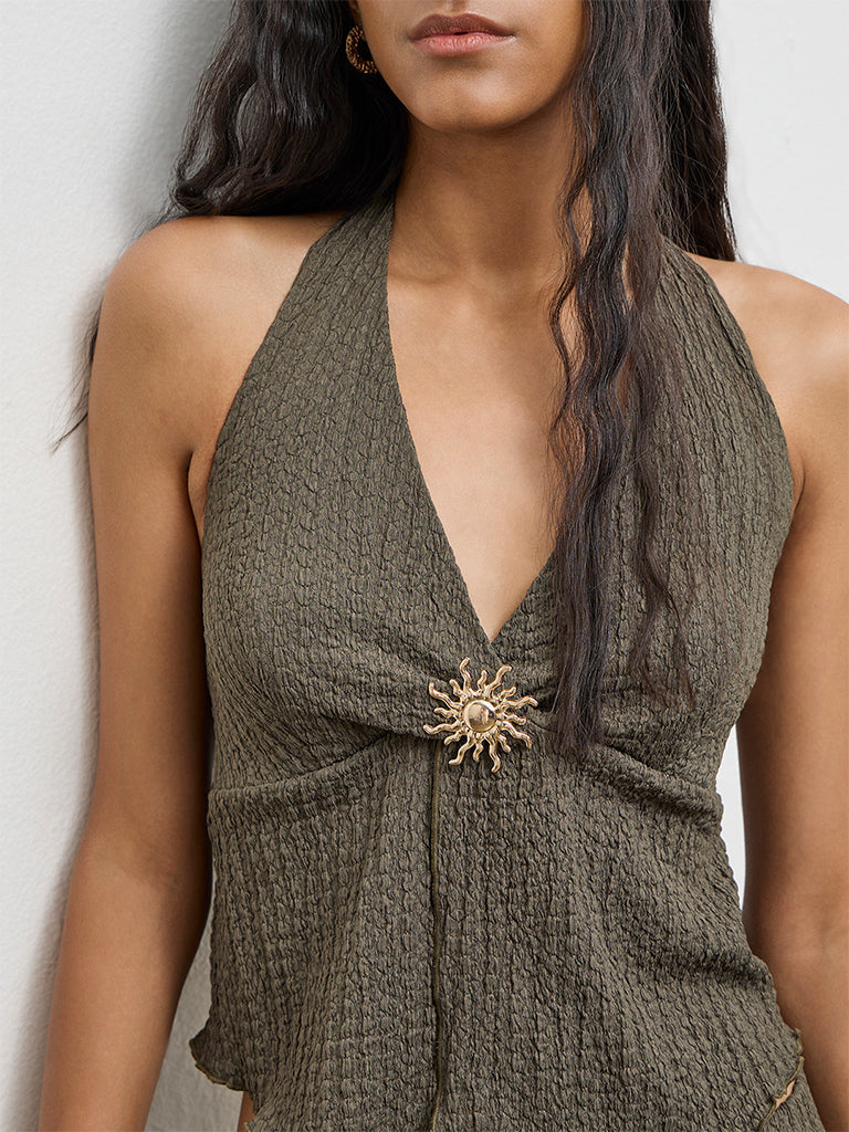 Nuon Olive Textured Halter-Neck Top
