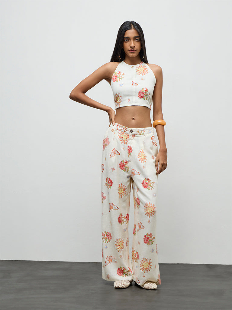 Nuon Off-White Printed Linen Top