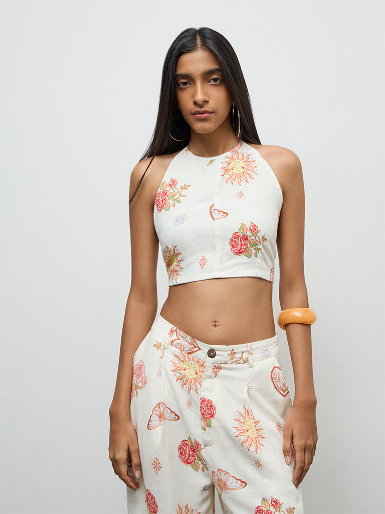 Nuon Off-White Printed Linen Top