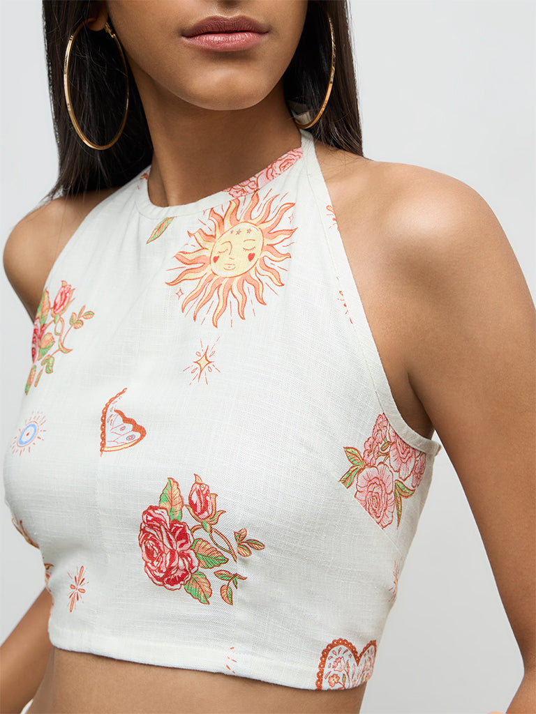 Nuon Off-White Printed Linen Top
