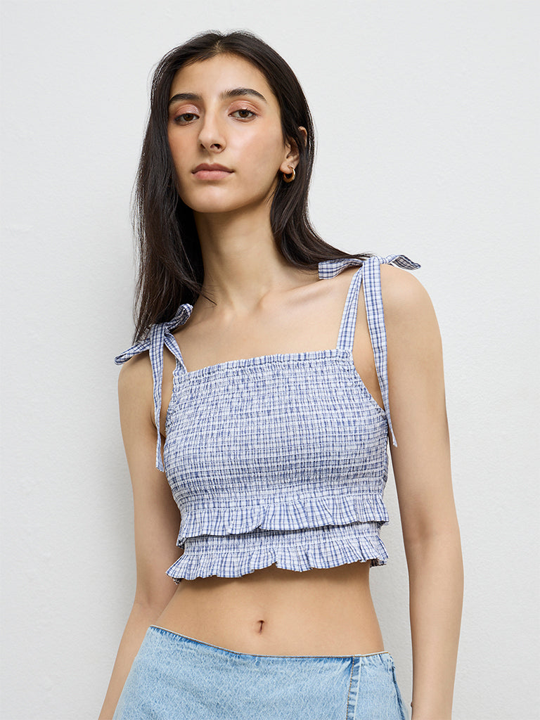 Nuon Navy Checkered Smocked Cotton Top